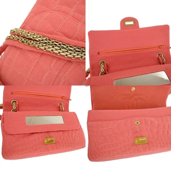 CHANEL Logo 2.55 Double Flap Chain Shoulder Bag Canvas Leather Pink - Picture 14 of 16